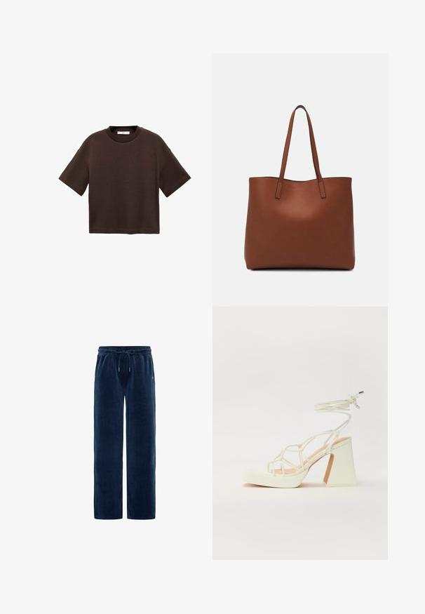 Braun majica s kratkimi rokavi, izdelana iz mehkega bombaža. Ima okroglo ovratnico in širok kroj, z gladko teksturo in brez vidnih vzorcev.; Mornarsko modri kord kord poudrži z udobnim krojem, elastičnim pasom, nastavljivo vrvico in dvema stranskima žepoma. Vertikalno rebrasta tekstura po celi oblačilni površini.; Bela sandala na visokih petah s debelim petam, ki ima obliko trakcev in vezanje okoli gležnja. Gladka tekstura z platformo spredaj za dodatno višino.; Rjava usnjena torba z gladko teksturo, odprto zasnovo zgoraj in dvema naramnima trakovoma. Opremljena je z minimalnim šivanjem in brez vidnih kovinskih delov.