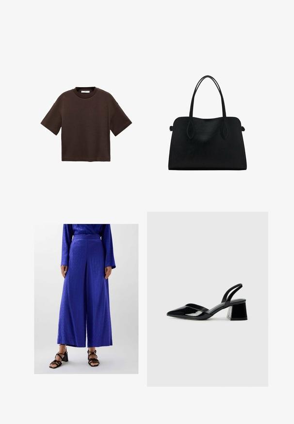 Tricou scurt cu mânecă scurtă, de culoare maro, fabricat din bumbac moale. Are un decolteu rotund și o croială tip boxy, cu o textură netedă și fără modele vizibile.; Pantaloni largi dintr-un material albastru vibrant, cu un model subtil, având un talie plată și asortați cu sandale cu toc pătrat negre, cu bretele.; Pantofi cu toc slingback din piele lacuită neagră, cu vârf ascuțit și toc geometric. Prezintă un design elegant, minimalist și o textură netedă.; Geantă din piele neagră cu două mânere pentru umăr, formă rectangulară și design minimalistic pe un fundal alb.