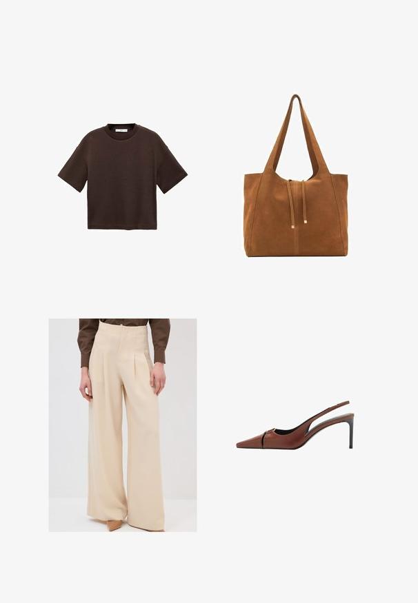 Brun kortærmet t-shirt lavet af blød bomuld. Har en rund halsudskæring og en boxy pasform, med en glat tekstur og ingen synlige mønstre.; Beige vidde bukser med høj talje, folder foran og en glat tekstur, parret med lyse hæle.; Brun læder slingback hæl med spids tå, udskæring ved vampen og en elegant stiletto hæl. Glat tekstur.; Brun ruskinds-tote med to lange stropper, snørelukning og minimalistisk design. Glat tekstur og ingen synlige hardware-detaljer.