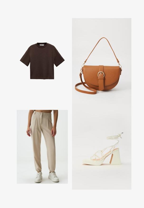 Bruine T-shirt met korte mouwen, gemaakt van zachte katoen. Heeft een ronde halslijn en een recht model, met een gladde textuur en geen zichtbare patronen.; Beige geplooide broeken met knoopsluiting, elastische manchetten en een gladde textuur, gecombineerd met witte sneakers op een effen achtergrond.; Witte hoge hakken sandaal met een chunky hak, met een bandjesontwerp en enkelband. Gladde textuur met een plateau voor extra hoogte.; Bruine leren schoudertas met een gebogen vorm, gouden hardware en een gespaccent. Bevat een afneembare schouderriem.