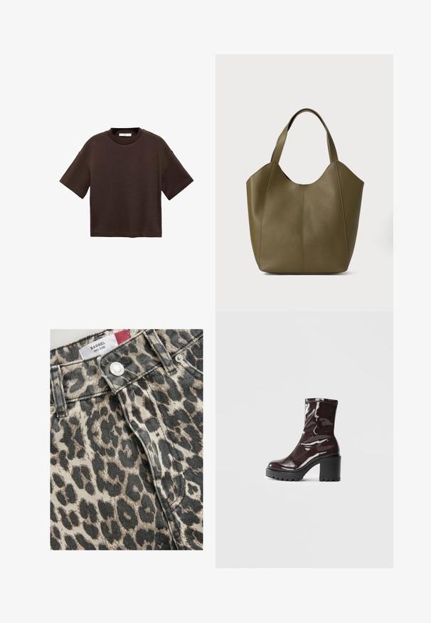 Tricou scurt cu mânecă scurtă, de culoare maro, fabricat din bumbac moale. Are un decolteu rotund și o croială tip boxy, cu o textură netedă și fără modele vizibile.; Blugi cu imprimeu leoparl, de înălțime medie, confecționați din denim, având o combinație de culori bej și negru; includ un nasture metalic și închidere frontală.; Botine lucioase burgundy, cu toc gros negru, având o textură netedă și un design simplu. Fără închideri sau modele vizibile.; Geantă tote din piele verde măslinie cu două mânere, textură netedă și design din patru panouri. Cusături întărite pe margini pentru durabilitate.