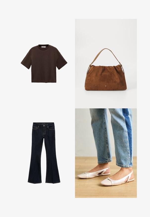 Brown short-sleeve t-shirt made of soft cotton. Features a round neckline and a boxy fit, with a smooth texture and no visible patterns.; Dark blue denim jeans with high waist, front pockets, and flared wide legs, displayed flat on a white background.; Pale pink slingback flats with a pointed toe, made from a smooth leather-like material. Features cut-out details at the sides and a flat heel.; Brown suede handbag with a gathered design, featuring a single tan leather strap and a subtle gold logo detail on the front.