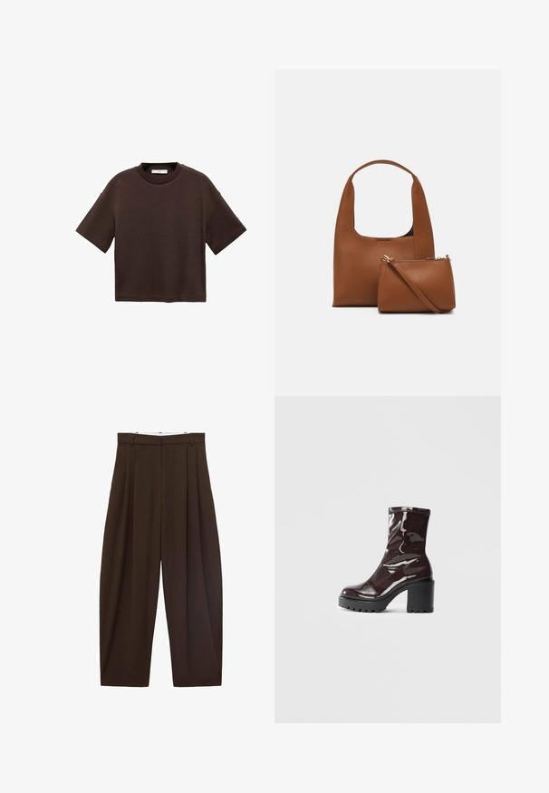 Smeđi kratki rukav majica od mekog pamuka. Ima okrugli izrez i širok kroj, s glatkom teksturom i bez vidljivih uzoraka.; Smeđe hlače visokog struka s nabranim detaljima, izrađene od glatkog materijala. Labav kroj, ravne nogavice, sa petljama za remen i zatvaračem na munju.; Sjajna burgundska čizma do gležnja s debelim crnim potplatom, koja se odlikuje glatkom teksturom i jednostavnim dizajnom. Nema vidljivih kopčanja ili uzoraka.; Smeđa sintetička torba s zakrivljenom ručkom i glatkom teksturom. Uključuje malu torbicu s patentnim zatvaračem u istom tonu. Minimalistički dizajn.