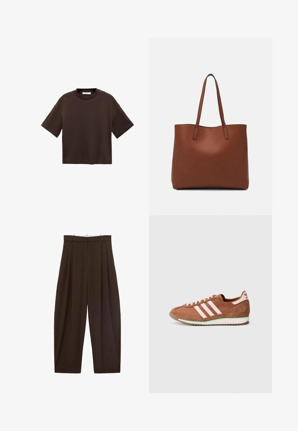Hnedé tričko s krátkym rukávom vyrobené z mäkké bavlny. Má okrúhly výstrih a voľný strih, s hladkou textúrou a bez viditeľných vzorov.; Hnedé nohavice s vysokým pásom a skladaním, vyrobené z hladkej tkaniny. Voľný strih, rovný strih nohavíc, s pútkami na opasok a so zipsom.; Hnedý a ružový teniska Adidas s detailmi zo semišu, tromi ružovými pruhmi na boku a bielou podrážkou so zeleným akcentom.; Hnedá kožená taška na rameno s hladkou textúrou, otvoreným vrchom a dvoma ramenými popruhmi. Má minimálne šitia a žiadne viditeľné kovania.