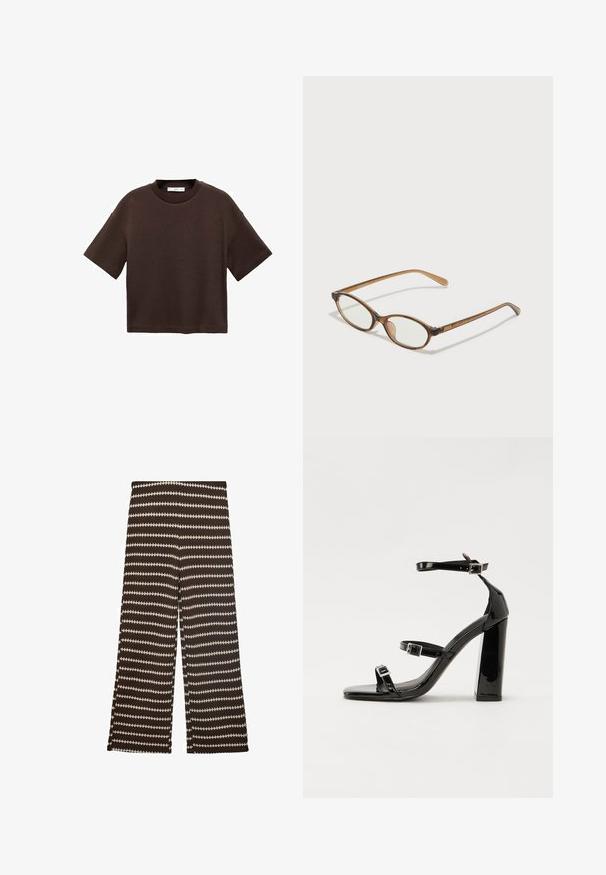 Hnedé tričko s krátkym rukávom vyrobené z mäkké bavlny. Má okrúhly výstrih a voľný strih, s hladkou textúrou a bez viditeľných vzorov.; Široké nohavice v tmavohnedej farbe s kontrastnými krémovými zigzag pruhmi. Vyrobené z textúrovanej látky, s pohodlným stredne vysokým pásom.; Čierne lakované sandále na podpätku so štvorcovou špičkou, navlečenými remienkami okolo členku a striebornými prackami. Disponujú masívnym blokovým podpätkom pre stabilitu.; Hnedé želvovinové okuliare s oválnymi sklíčkami, tenkými ramenami a priesvitnými akcentmi. Obsahujú jemný logo na stranici. Štýlový, ľahký dizajn.