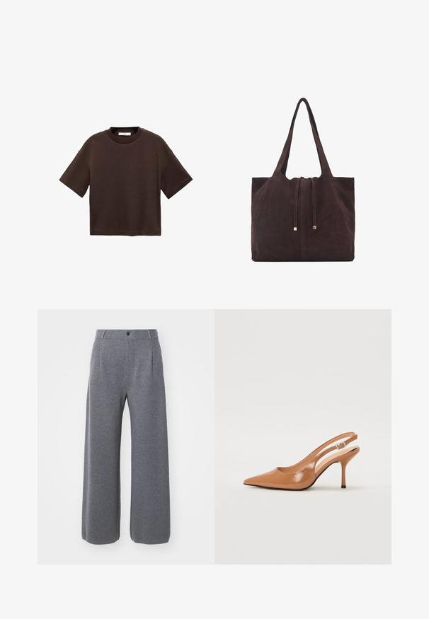 Tricou scurt cu mânecă scurtă, de culoare maro, fabricat din bumbac moale. Are un decolteu rotund și o croială tip boxy, cu o textură netedă și fără modele vizibile.; GAP CASHSOFT TAILORED PANT - Pantaloni - charcoal heather; Pantofii cu toc slingback, cu vârful ascuțit, dintr-un material tan neted și strălucitor. Prezintă un design cu decupaj curbat și un toc subțire stil stiletto. Detaliu cu cataramă argintie.; Mango Geantă de pânză - dark brown