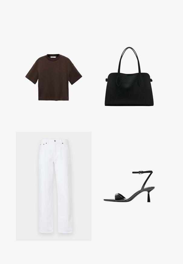 Brown short-sleeve t-shirt made of soft cotton. Features a round neckline and a boxy fit, with a smooth texture and no visible patterns.; White denim jeans feature a relaxed fit with a straight leg, five-pocket design, front button closure, and copper-tone rivets.; Bershka High heeled sandals - black; Black leather handbag with dual shoulder straps, rectangular shape, and minimalistic design on a white background.