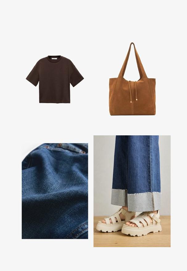 Smeđi kratki rukav majica od mekog pamuka. Ima okrugli izrez i širok kroj, s glatkom teksturom i bez vidljivih uzoraka.; Denim tkanina u tamnoplavoj boji, koja se odlikuje glatkom teksturom sa suptilnim varijacijama u tkanju i kontrastnim šavnim detaljima.; Bež platforme sandale s debelim potplatima imaju dizajn s trakama i podesivim remenima oko gležnja. Nanesene su uz široke traperice, a jedna nogavica je pohabana.; Smeđa antilop torba za ruke s dva duga remena, zatvaranje na vezicu i minimalistički dizajn. Glatka tekstura i bez vidljivih metalnih elemenata.