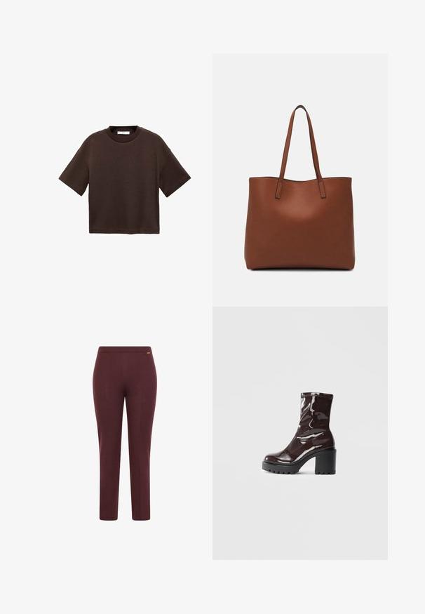 Brun kortærmet t-shirt lavet af blød bomuld. Har en rund halsudskæring og en boxy pasform, med en glat tekstur og ingen synlige mønstre.; Bordeaux strækbukser med en glat tekstur, en tætsiddende design og et enkelt talje bælte; har et minimalistisk logo detalje.; Glatte burgunder ankelstøvler med en chunky sort hæl, der har en glat tekstur og et simpelt design. Ingen synlige lukninger eller mønstre.; Brun læder tote taske med en glat overflade, åben topdesign og to skulderremme. Har minimal syning og ingen synlig hardware.