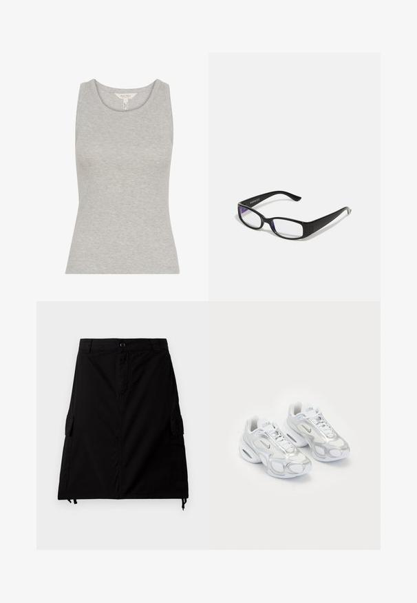 Harmaa ribattu tanktoppi, jossa on pyöreä pääntie, istuva muoto ja hihaton muotoilu. Valmistettu pehmeästä kankaasta, jossa on sileä pinta.; Musta cargo-hame, joka on valmistettu puuvillasekoitekankaasta, suoran leikkauksen omaava, sivutaskuilla, edestä napilla suljettava ja säädettävällä narun helman kanssa.; Valkoiset urheiluskoot, joissa on verkkomateriaali ja hopeiset yksityiskohdat, ainutlaatuinen muoto ja ilmapohjallinen kantapää. Nyöritettävä malli logolla.; Mustat suorakulmaiset vahvuuslasit, joissa on kirkkaat linssit. Kiiltävä pinta, kapeat sanganvarret ja violetit sävyt näkyvät linssien reunoilla.