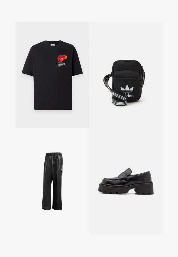 Czarny bawełniany t-shirt z okrągłym dekoltem i krótkimi rękawami, z nadrukiem czerwonej grafiki koszykówki oraz napisem "Adidas World Class Basketball Exhibition."; Czarne syntetyczne spodnie dresowe z elastycznym pasem, z białymi paskami po bokach i małym białym logo na lewym biodrze.; Czarne skórzane mokasyny z grubą gumową podeszwą, z podwyższoną platformą i paskiem na wierzchu stopy. Gładka tekstura i zaokrąglony kształt.; Czarna torba crossbody wykonana z materiału, z zamknięciem na zamek błyskawiczny, z białym logo Adidas oraz regulowanym paskiem w paski, co ułatwia noszenie.