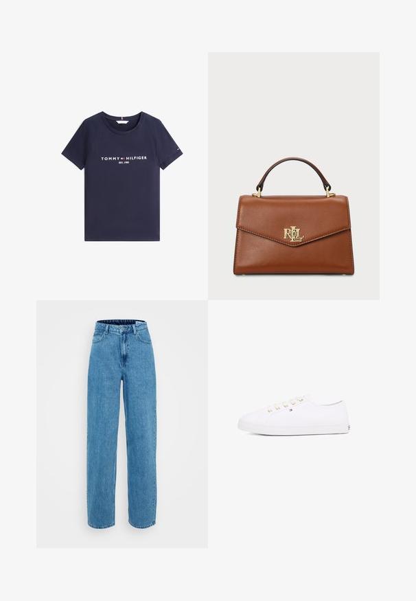 T-shirt de manga curta azul-marinho com decote redondo e texto branco "Tommy Hilfiger EST. 1985" e logótipo na frente.; Jeans de ganga azul claro com cintura alta, design de perna larga, apresentando cinco bolsos e fecho de botão. Textura suave com leve desbotamento.; Sapatilhas de lona brancas com ilhós dourados, atacadores planos, sola de borracha texturizada e marcas mínimas de branding de lado. Design de baixo perfil.; Mala de couro castanho com um design estruturado, alça superior, ferragens douradas e um destaque do logótipo na frente. Textura suave.