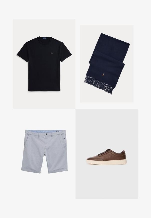 Sort bomuldst-shirt med rund halsudskæring, korte ærmer og et lille broderet logo på venstre bryst. Glat tekstur.; Grå, vævet stof shorts med et struktureret mønster. Har bælteløkker, to frontlommer og en lille sidelomme. Regular fit.; Brune lædersneakers med en glat overflade, rund tå og cremet gummisål. Har sorte snørebånd og diskret branding på siden.; Marineblåt uldhalstørklæde med frynser og subtilt broderet logo i orange. Glat tekstur, rektangulær form og minimalistisk design.