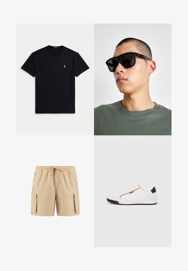 T-shirt nera in cotone con scollo rotondo, maniche corte e piccolo logo ricamato sul petto a sinistra. Texture liscia.; Pantaloni cargo beige con vita elastica, cordoncino e due tasche laterali, caratterizzati da una texture liscia e dettagli di cucitura minimi.; Scarpe sportive bianche con accenti in rete e pelle. Presentano un logo dorato "BOSS", pannelli laterali testurizzati e un copri tallone nero. Suola in gomma.; Occhiali da sole rettangolari neri con lenti scure, caratterizzati da una forma distintiva e un marchio sulla parte tempiale. Indossati da una persona con una maglietta verde.