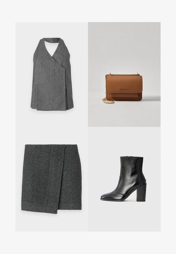 Top halter in denim grigio con design avvolgente, caratterizzato da scollo a V e fessure laterali. Texture liscia con dettagli di cuciture sottili.; Gonna grigia a motivo chevron con design avvolgente, caratterizzata da un tessuto testurizzato e un orlo dritto e pulito.; Stivale alla caviglia in pelle nera, con una superficie liscia, punta affilata e tacco alto e massiccio. Presenta una apertura laterale e un design minimalista.; Borsa a tracolla in pelle marrone con texture, dotata di catena dorata e chiusura a pattina. Sul davanti presenta un dettaglio con logo e una tasca sotto la pattina.