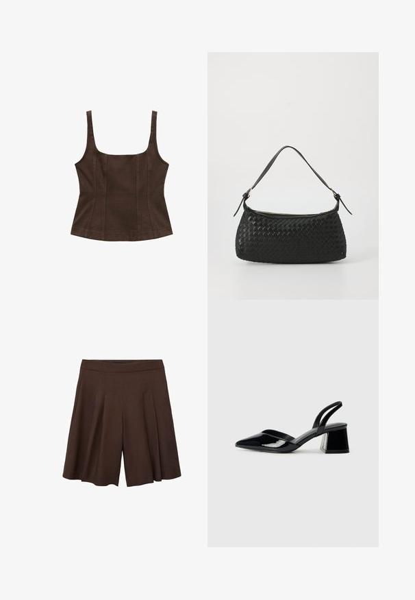 Rjava brezrokavna majica s kvadratnim izrezom, prilegajoča zasnova, detajli šivov in teksturirana tkanina. Brez dodatnih okraskov.; Svetlo rjave kratke hlače z visokim pasom. Tkanina se zdi gladka in lahka, z globokimi, čistimi gubami, ki zagotavljajo lahkotno silhueto.; Črne lakirane slingback pete s koničastim nosom in geometrijsko blokasto peto. Imajo eleganten, minimalističen dizajn in gladko teksturo.; Črna tkana torba za ramo s gladkim usnjenim trakom in zadrgo. Ima teksturirano površino in ukrivljeno obliko.