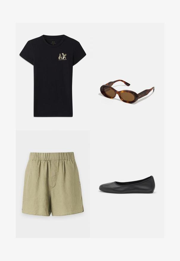 Black cotton T-shirt with short sleeves, featuring a gold logo of "A|X" and "ARMANI EXCHANGE" on the left chest. Standard crew neck design.; Light green linen shorts with an elastic waistband, side pockets, and a relaxed fit. Features a smooth, slightly textured fabric.; Black leather ballet flat with a rounded toe, smooth texture, minimal stitching detail, and a flexible sole design.; Tortoiseshell sunglasses with oval lenses, brown tint, and gold accents on the arms. Thick frames with a glossy finish and smooth texture.