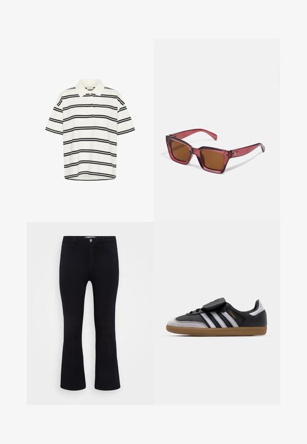 Bílé polo tričko s černými vodorovnými pruhy, krátké rukávy a klasický límec. Dvoutlačítková légá a rovný lem na spodní straně.; ONLY Carmakoma CARTHUNDER PUSH UP - Široké džíny - black denim; Černé kožené a šedé semišové tenisky s bílými pruhy, gumovou podrážkou, šněrováním v přední části a suchým zipem. Značka "Samba" v zlaté barvě.; Čtvercové sluneční brýle s červeným nádechem a hnědými skly. Vyrobené z průhledného plastu. Mají výrazný úhlový design a decentní logo na straně. ; Náušnice ve zlatém tónu ve tvaru uzlu s propleteným designem. Každá náušnice má kulatou průhlednou oporu pro bezpečné nošení.