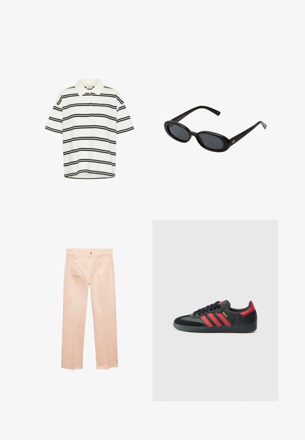 Biele polo tričko s čiernymi horizontálnymi pruhmi, krátke rukávy a klasický golier. Dva gombíky na zapínaní a rovný lem na spodnej strane.; Svetloružové nohavice s rovnými nohavicami, vyrobené z bavlny, s dvoma zadnými vreckami a rozstrapkanými zakončeniami pre ležérny vzhľad.; Čierna športová obuv s červenými pruhmi, z kože a semišu, s okrúhlou špičkou, plochou gumovou podrážkou a zlatým nápisom na bočnej strane.; Čierne oversized slnečné okuliare s oválnymi šošovkami, hladkým plastovým rámom a zlatými akcentmi na straniciach. Tmavé šošovky poskytujú ochranu pred slnkom.; Tkaný slamený košík s rozšíreným tvarom, s čiernym koženým dnom a ušami. Textúrované prírodné vlákna s hladkými čiernymi akcentmi.; Casio quartz hodinky s obdlžnikovým strieborným ciferníkom, zlatými akcentmi a dvojfarebným kovovým náramkom v striebornej a zlatej farbe. Vodotesná funkcia.