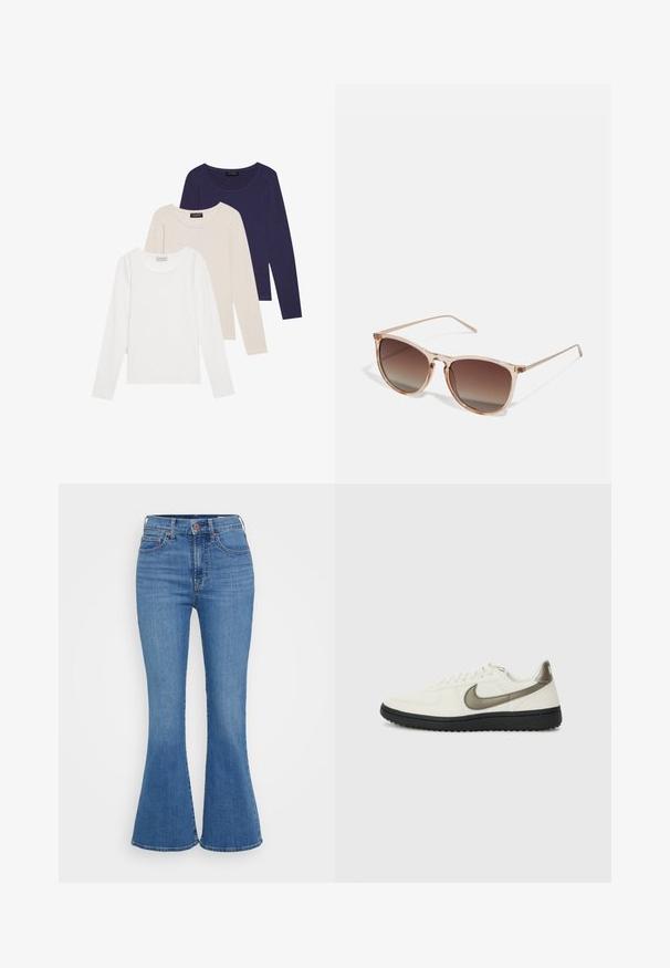 Tři trička s dlouhým rukávem: bílá, béžová a námořnická. Měkká tkanina, zakulacené výstřihy a standardní střih s hladkou texturou.; Světle modré zvonové džíny s vysokým pasem, vyrobené z denimu. Vlastnosti zahrnují dvě přední kapsy a zapínání na knoflík v pase.; Nike Sportswear FIELD GENERAL - Tenisky - off-white/black; Hnědé sluneční brýle s gradientem, s průhledným růžovým rámem, čtvercovým tvarem a tenkými kovovými nohami. Charakterizovány zaoblenými hranami a minimálním zdobením.