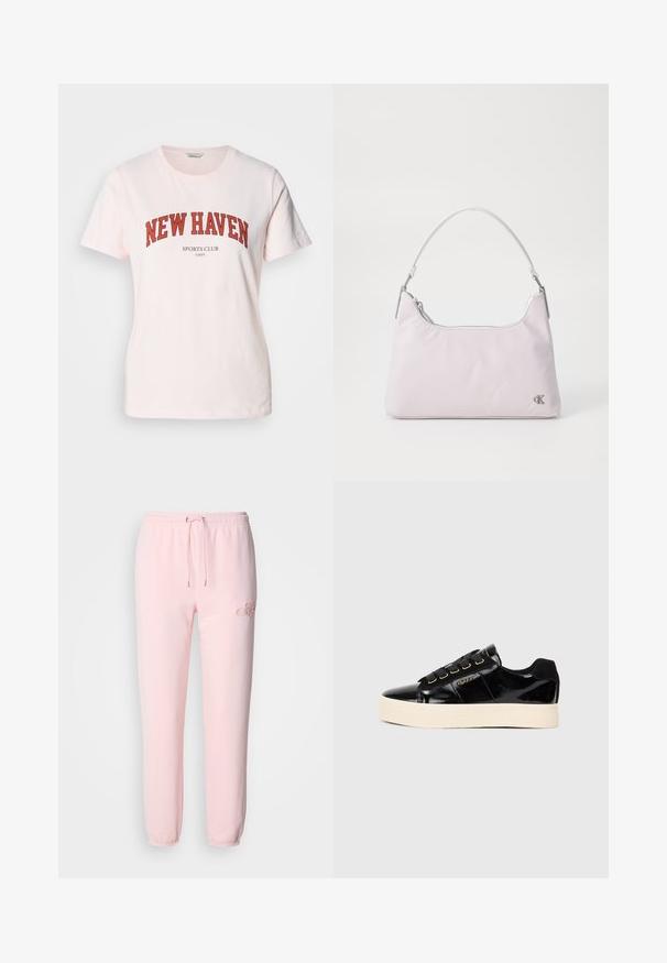 Helles rosa Baumwoll-T-Shirt mit "NEW HAVEN" in fetten roten Buchstaben und "SPORTS CLUB" darunter. Kurze Ärmel und runder Halsausschnitt.; Hellrosa Sweatpants aus weichem Material, mit einem elastischen Bund und Kordelzug, schmal zulaufenden Bündchen und dezentem gesticktem Logodetail.; Schwarze Lackleder-Sneaker mit einer flachen cremefarbenen Sohle. Merkmale sind schwarze Schnürsenkel, goldene Ösen und ein Logodetail an der Seite. Abgerundete Zehenform.; Hellrosa Nylon-Schultertasche mit einem gebogenen Griff, Reißverschluss oben, silberner Hardware und einem kleinen Logo an der Seite.