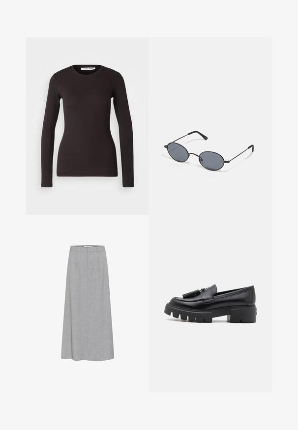 Haut noir à manches longues en tissu doux et extensible. Il présente un col rond et une coupe ajustée avec une texture lisse et sans motifs visibles.; Jupe grise à mi-longueur avec une texture lisse et un motif chiné subtil. Comprend un devant plat avec des plis et une taille ajustée.; Stuart Weitzman NOLITA TASSEL LOAFER - Escarpins à plateforme - black; Lunettes de soleil ovales noires avec des verres foncés et une monture en métal fin. Présente des branches élancées avec une légère courbe aux extrémités.