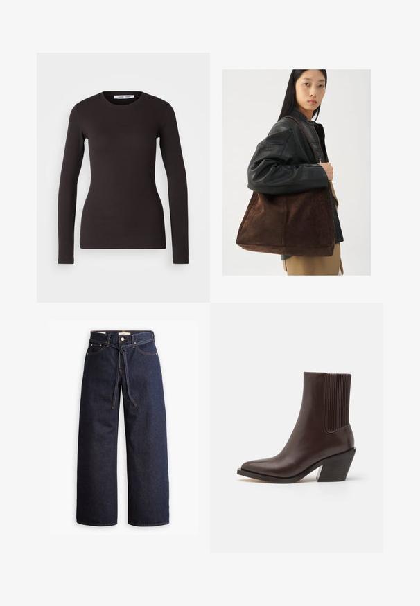 Haut noir à manches longues en tissu doux et extensible. Il présente un col rond et une coupe ajustée avec une texture lisse et sans motifs visibles.; Jeans en denim bleu foncé à jambes larges, avec une taille haute, dotés d'un lien à cordon, de cinq poches et de détails de couture contrastants.; COACH PRESTYN BOOTIE - Bottines de cowboy / motard - maple; Tote bag en suède marron avec une forme large et une texture douce, dotée d'une seule bandoulière et de matériel minimal sur un fond neutre.