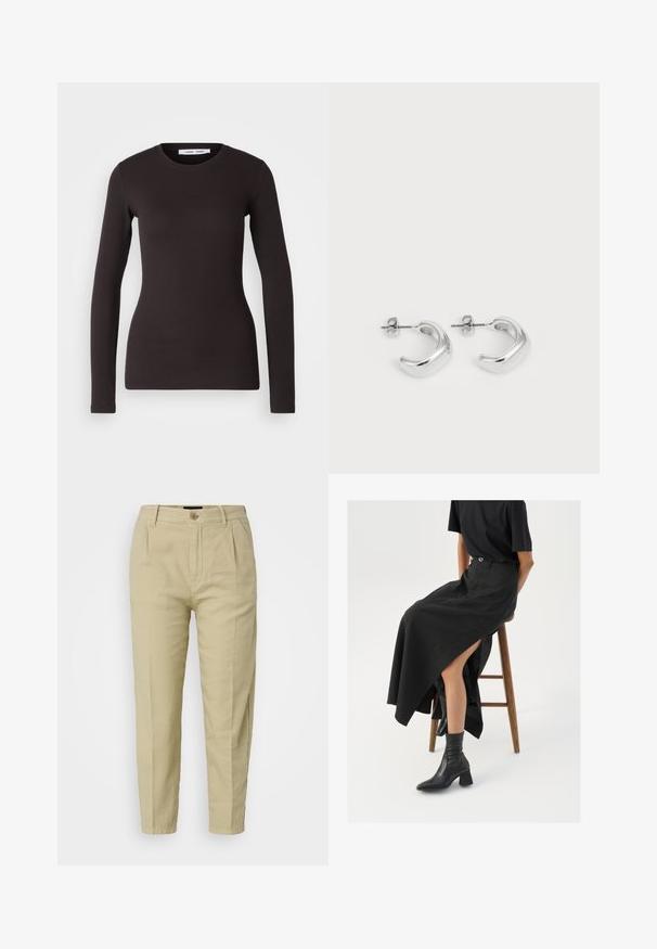 Zwarte top met lange mouwen, gemaakt van een zachte, rekbare stof. Heeft een ronde halslijn en een slim fit met een gladde textuur en geen zichtbare patronen.; Beige katoenen broeken met een relaxte pasvorm, voorzien van een drukknoopsluiting, voorplooien en zijzakken, ontworpen met taps toeloop. ; Zwarte linnen maxi rok met een hoge split, gedragen met een zwart T-shirt en zwarte enkellaarsjes. Minimalistisch ontwerp met een relaxte pasvorm.; Zilveren creolen met een gladde, gepolijste afwerking. Ronde vorm met een licht gebogen ontwerp en versmolten randen. Met pin sluiting.