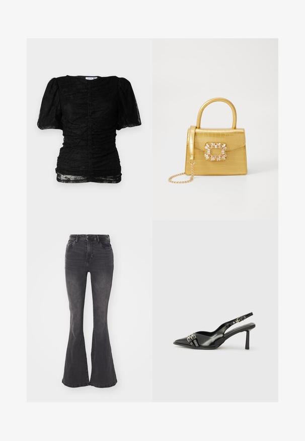Čierny čipkový top s priliehavým strihom, krátkymi nariasenými rukávmi, okrúhlym výstrihom a nariasením na prednej strane pre textúru.; Čierne zvonové džínsy vyrobené z denimu s stredne vysokým pásom. Obsahujú kontrastné švy, päť vreciek a klasické zapínanie na gombík.; Čierne lakované kožené slingback topánky s špicatou špičkou, remienkami okolo členku s striebornými prackami a hardvérom, a štíhlým podpätkom.; Žltá falošná krokodília kabelka so štruktúrovaným dizajnom, horným držadlom, odnímateľným reťazovým popruhom a dekoratívnym kryštálovým ozdobením na zapínaní.