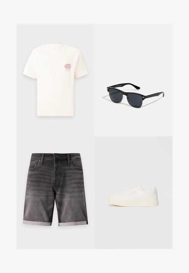 Weißes T-Shirt mit kurzen Ärmeln und rotem Text "Studio Originals Edition" auf der linken Brust, präsentiert vor einem neutralen grauen Hintergrund.; Dunkelgraue Denim-Shorts mit einem verwaschenen Finish, ausgestattet mit umgeschlagenem Saum, Fronttaschen und einem Metallknopfverschluss.; Weiße Slip-On-Sneaker mit einer strukturierten Oberfläche, dicker Sohle und minimalistischem Design. Mit Logo der Marke an der Seite.; Schwarze Sonnenbrille mit rechteckiger Form, dunklen Gläsern, silbernen Akzenten an den Bügeln und mattierter Oberfläche des Rahmens.