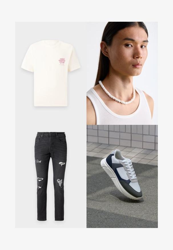 White short-sleeve T-shirt with red text "Studio Originals Edition" on left chest, displayed on a neutral gray background.; Black denim jeans with a slim fit, featuring multiple distressed areas and visible patchwork accents at the knees. Classic five-pocket design.; White, navy, and gray sneaker with a mixed material design, featuring a textured upper, flat laces, and a cushioned sole.; White shell necklace composed of irregular shapes, worn over a fitted white tank top. Smooth texture with subtle sheen, close-fitting design.