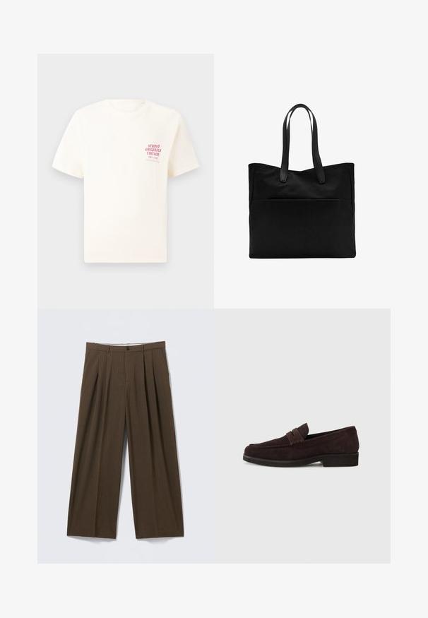 Biele tričko s krátkym rukávom s červeným textom "Studio Originals Edition" na ľavej hrudi, zobrazené na neutrálnom šedom pozadí.; Hnedé prúžkované nohavice so širokými nohavicami, ktoré majú predné záhyby, zapínanie na gombíky a hladkú štruktúru.; Hnedé semišové mokasíny s nízkym profilom a okrúhlou špičkou. Má dekoratívny pásik cez hornú časť, plochú gumovú podrážku a žiadne viditeľné švy.; Čierna taška s dlhými uchami, vyrobená z hladkej textílie. Obsahuje prednú vrecko a minimalistický dizajn. Žiadne viditeľné kovanie ani vzory.