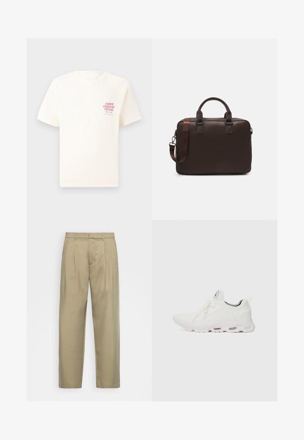 T-shirt branca de mangas curtas com o texto vermelho "Edição Originais do Estúdio" no lado esquerdo do peito, apresentada sobre um fundo cinza neutro.; Calças bejas de cintura alta com corte reto, apresentando uma frente lisa, bolsos laterais e um tecido suave e texturizado.; Ténis atléticos brancos com um superior em malha texturizada, atacadores planos e uma sola acolchoada com câmaras de ar visíveis para maior suporte.; Mala de laptop em pele castanha com uma superfície texturizada, duas alças superiores, alça ajustável e duas fivelas frontais para um detalhe adicional.