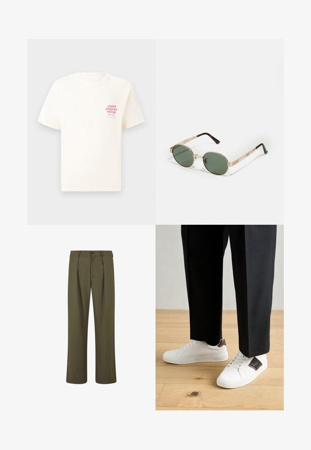 Camiseta blanca de manga corta con el texto rojo "Edición de Studio Originals" en el lado izquierdo del pecho, exhibida sobre un fondo gris neutro.; Pantalones verde oliva con corte ajustado, que presentan pliegues en la parte frontal, cierre de botón y piernas rectas. Textura de tela suave.; Zapatillas blancas con textura suave, con acentos de cuero marrón y detalles en negro, combinadas con pantalones negros ajustados. Fondo de suelo de madera.; Gafas de sol redondas con lentes verdes, montura de metal dorado, patillas alargadas y acentos de carey en las piezas de las orejas.