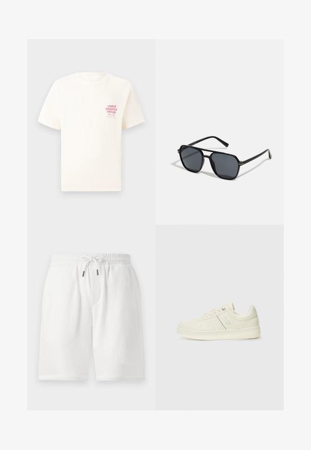 Hvit T-skjorte med korte ermer og rød tekst "Studio Originals Edition" på venstre bryst, vist på en nøytral grå bakgrunn.; Hvite, teksturerte shorts med elastisk midjebånd, snorstengning, side lommer og en avslappet passform. Passer for uformell bruk.; Kremfargede sneakers med perforerte detaljer, snøring og logo på siden, vist mot en enkel hvit bakgrunn.; Sorte solbriller med ottekantet ramme, mørke linser, blank finish, tynde stænger og guld accenter på fronten.