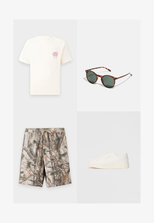 Hvit T-skjorte med korte ermer og rød tekst "Studio Originals Edition" på venstre bryst, vist på en nøytral grå bakgrunn.; Camo-mønstrede shorts laget av lett materiale; har elastisk midje med snor; fargene inkluderer beige, brun og grønn.; Hvite slip-on joggesko med teksturert overflate, tykk såle og minimalistisk design. Har merkevarelogo på siden.; Runde solbriller med et skilpaddemønster, grønne linser og tynde stel. Akkompagnert av metalldetaljer og strukturerte stenger.