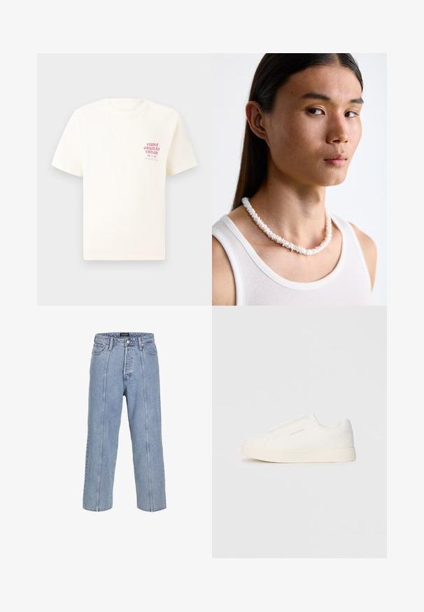 Biała koszulka z krótkim rękawem z czerwonym napisem "Studio Originals Edition" po lewej stronie klatki piersiowej, wyeksponowana na neutralnym szarym tle.; Jasnoniebieskie dżinsy o luźnym kroju, szerokich nogawkach i widocznych detalach szwów. Posiadają zapięcie na guzik i zamek błyskawiczny oraz pięć kieszeni.; Białe sneakersy wsuwane z teksturowanej powierzchni, grubą podeszwą i minimalistycznym designem. Zawierają logo marki z boku.; Biała muszelkowa naszyjnik składający się z nieregularnych kształtów, noszony na dopasowanym białym podkoszulku. Gładka tekstura z subtelnym połyskiem, przylegający fason.
