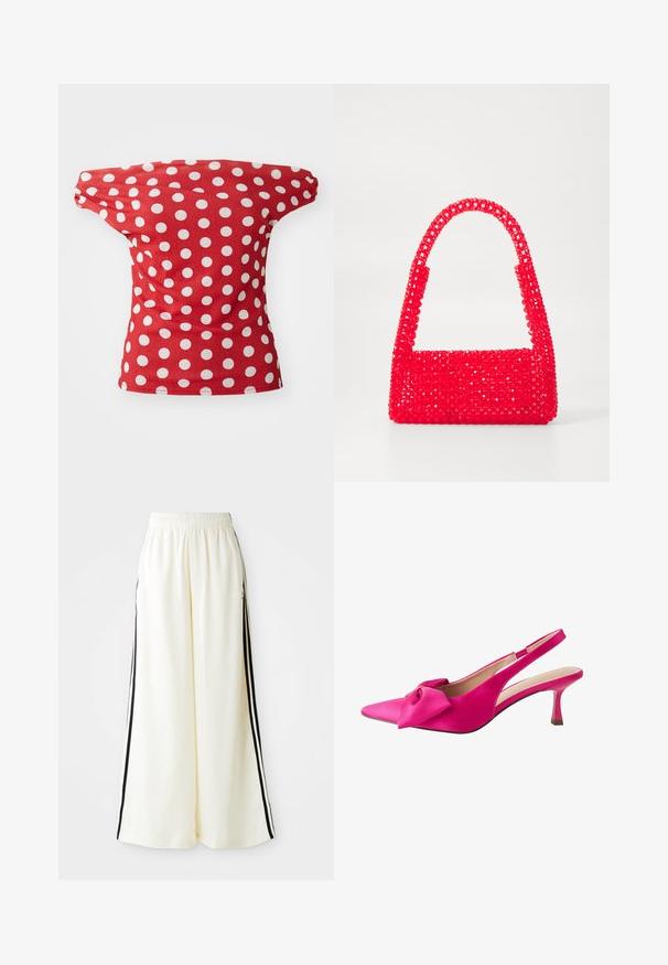 Rotes kurzärmeliges Oberteil mit einem schulterfreien Design, das weiße Punkte aufweist. Hergestellt aus glattem Stoff mit figurschmeichelnder Passform.; Weiße weite Hosen mit elastischem Bund und schwarzen vertikalen Streifen an den äußeren Nähten.; Next FOREVER COMFORT BOW REGULAR FIT - Pumps - pink; Rote Handtasche aus Perlenkunststoff, mit einem quadratischen Boden und einem gebogenen Griff. Die Oberfläche hat ein strukturiertes, glattes Finish mit einem Muster aus Perlen.