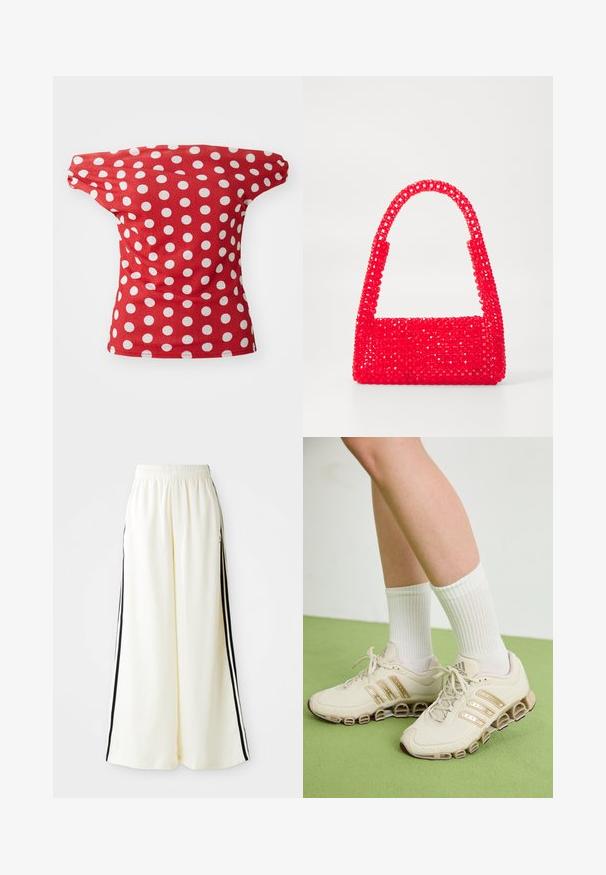 Sark ar īsām piedurknēm, sarkans, ar atsegtiem pleciem, rotāts ar baltām punktiņām. Izgatavots no gludas auduma ar pieguļošu formu.; Baltas platās bikses ar elastīgu jostasvītu un melnām vertikālām svītrām gar ārējām vīlēm.; Bežīgas sporta kurpes ar zelta akcentiem, acu tīkla augšdaļa un unikāls zole dizains. Apvienotas ar baltām ribotām zeķēm, novietotas uz zaļa grīdas.; Sarkans rokassomas, kas izgatavota no pērlītēm veidotas plastmasas, ar kvadrātveida pamatu un izliekto rokturi. Virsma ir teksturēta, ar spīdīgu apdari un pērlīšu rakstu.