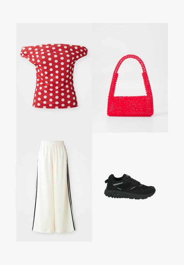 Top corto rosso a maniche corte con design off-the-shoulder, caratterizzato da pois bianchi. Realizzato in un tessuto liscio con una forma aderente.; Pantaloni bianchi a gamba larga con elastico in vita e righe verticali nere lungo le cuciture esterne.; Scarpa da trekking nera impermeabile con pannelli in mesh, suola testurizzata, punta rotonda e lacci riflettenti. Presenta logo e linguetta sul tallone.; Borsa a mano rossa realizzata in plastica con perline, caratterizzata da una base quadrata e un manico curvo. La superficie presenta una finitura lucida e testurizzata con un motivo di perline.