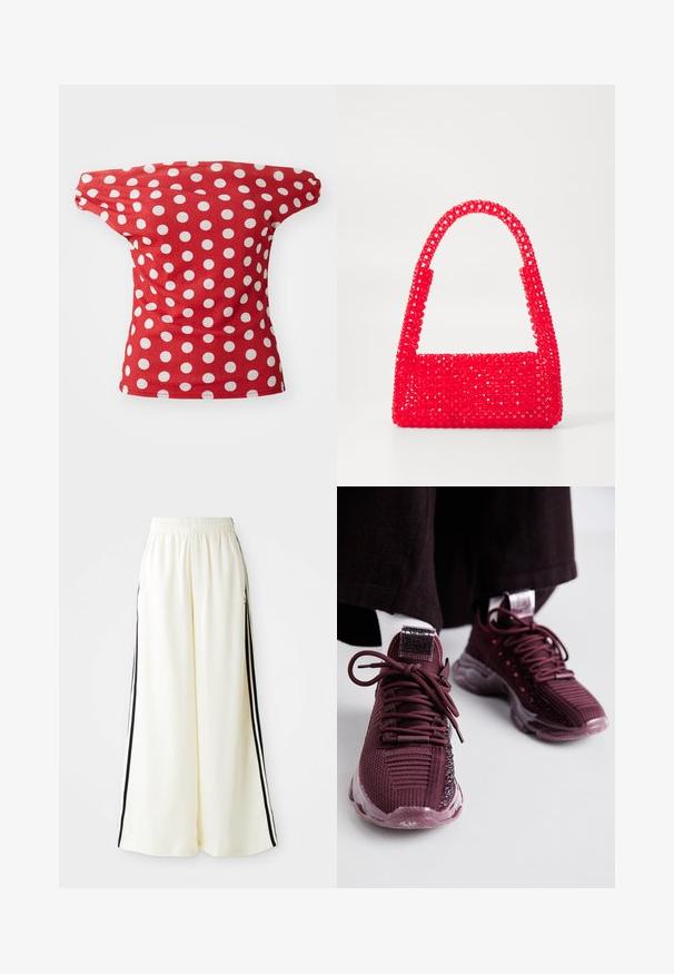 Rode top met korte mouwen en een off-the-shoulder ontwerp, met witte stippen. Gemaakt van gladde stof met een getailleerde vorm.; Witte wijde broek met elastische tailleband en zwarte verticale strepen langs de buitennaad.; Bordeaux sport schoenen met een mesh bovenwerk, textuurdetails, ronde veters en een doorzichtige rubberen zool; heeft een logo op de tong en de hak.; Rode handtas van kunststof met kralen, met een vierkante basis en een gebogen handvat. Het oppervlak heeft een gestructureerde, glanzende afwerking met een patroon van kralen.