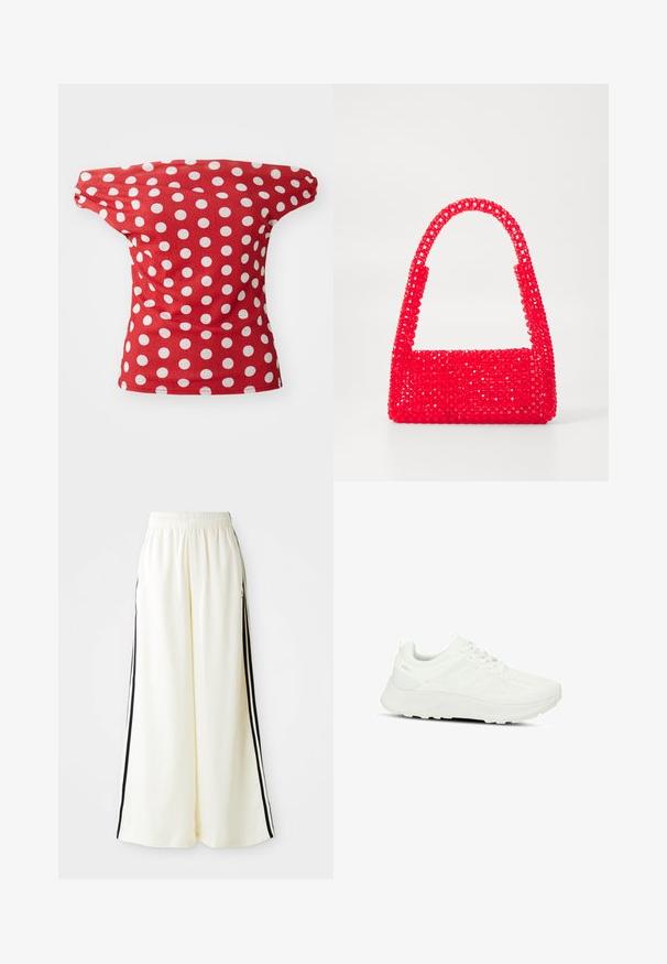 Czerwona bluzka z krótkim rękawem o dekolcie odkrywającym ramiona, w białe kropki. Wykonana z gładkiego materiału o dopasowanym kroju.; Białe spodnie z szerokimi nogawkami, z elastycznym paskiem w talii i czarnymi pionowymi paskami wzdłuż zewnętrznych szwów.; Biała sportowa sneaker z fakturowaną cholewką i siateczkowymi panelami, z systemem sznurowania, amortyzowaną podeszwą oraz subtelnym logo na pięcie.; Czerwona torebka wykonana z plastikowych koralików, z kwadratową podstawą i zakrzywionym uchwytem. Powierzchnia ma teksturowane, błyszczące wykończenie z wzorem koralików.