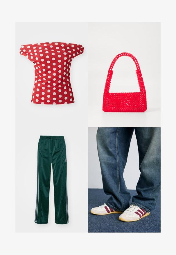 Crvena majica kratkih rukava s dizajnom bez ramena, koja sadrži bijele točke. Izrađena od glatkog materijala sa prilagođenim oblikom.; Tamnozelene sportske hlače od sjajnog materijala, s bočnim trakama svijetlosive boje i izvezenim logotipom na lijevoj nozi.; Bijele tenisice s bordo prugama, od teksturirane kože i mreže, uparene s širokim plavim trapericama. Mekani gumeni potplati, ležeran stil.; Crvena torba od perli od plastike, s kvadratnom osnovom i zakrivljenom drškom. Površina ima teksturiranu, sjajnu završnu obradu s uzorkom perli.