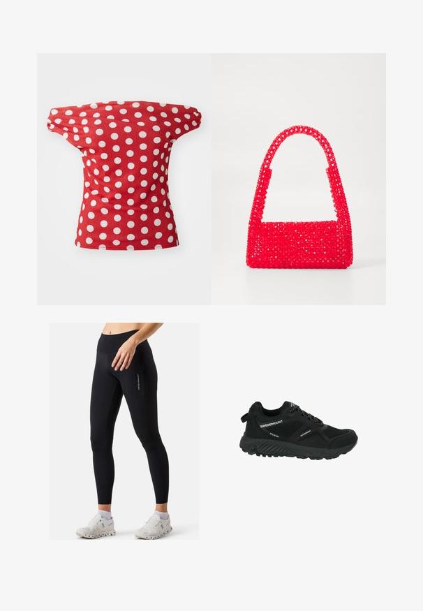 Top corto rosso a maniche corte con design off-the-shoulder, caratterizzato da pois bianchi. Realizzato in un tessuto liscio con una forma aderente.; Leggings neri con un design aderente, vita alta, tasca laterale con zip e texture liscia. Abbinati a scarpe da ginnastica bianche.; Scarpa da trekking nera impermeabile con pannelli in mesh, suola testurizzata, punta rotonda e lacci riflettenti. Presenta logo e linguetta sul tallone.; Borsa a mano rossa realizzata in plastica con perline, caratterizzata da una base quadrata e un manico curvo. La superficie presenta una finitura lucida e testurizzata con un motivo di perline.