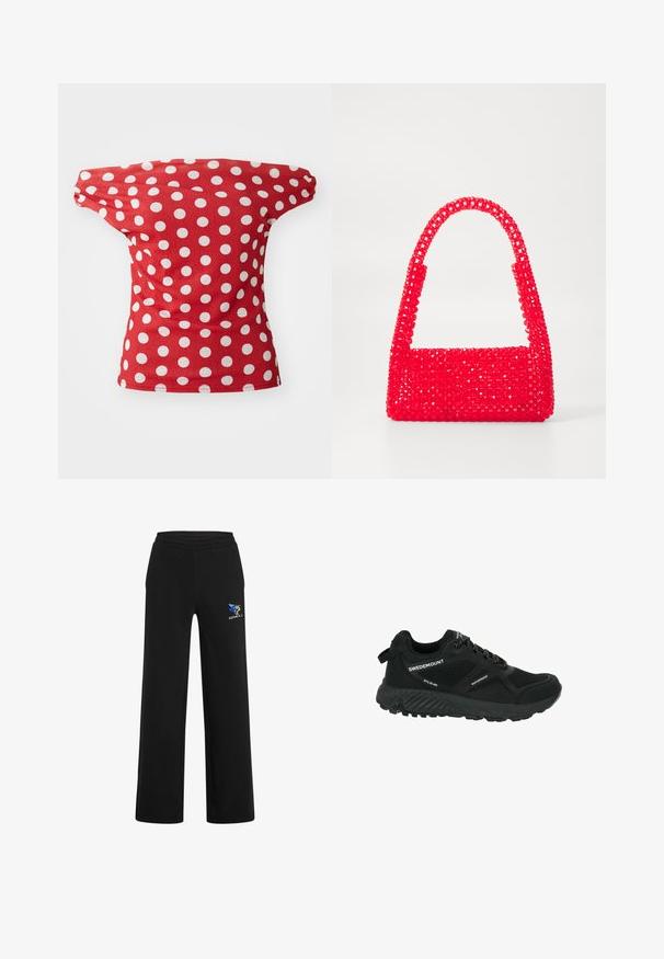Rotes kurzärmeliges Oberteil mit einem schulterfreien Design, das weiße Punkte aufweist. Hergestellt aus glattem Stoff mit figurschmeichelnder Passform.; Schwarze Jogginghosen aus weichem Material, mit elastischem Bund, geradem Schnitt und einem blauen und goldenen Logo auf der linken Seite.; Schwarzer wasserdichter Wanderschuh mit Netzpaneelen, strukturiertem Sohlenprofil, runder Zehenpartie und reflektierenden Schnürsenkeln. Verfügt über ein Logo und eine Zuglasche an der Ferse.; Rote Handtasche aus Perlenkunststoff, mit einem quadratischen Boden und einem gebogenen Griff. Die Oberfläche hat ein strukturiertes, glattes Finish mit einem Muster aus Perlen.