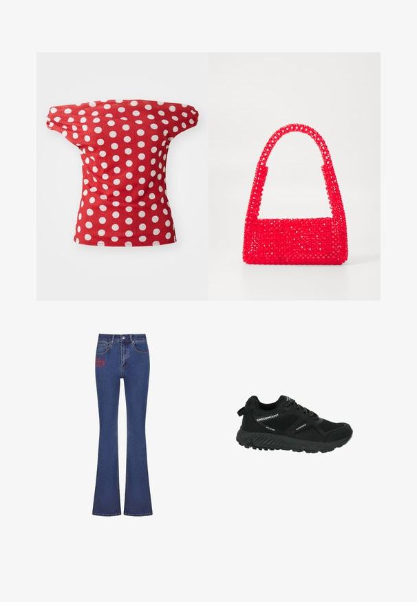 Punainen lyhythihainen paita olkaimeton muotoilu, jossa valkoisia pisaroita. Valmistettu sileästä kankaasta, joka istuu hyvin.; Tummansiniset leveälahkeiset farkut korkealla vyötäröllä, joissa on punainen brodeerattu logo etupuolella, valmistettu sileästä denimi-kankaasta.; Mustat vedenpitävät vaelluskengät, joissa on verkkopaneelit, teksturoitu pohja, pyöreä varvas ja heijastavat nauhat. Varustettu logolla ja vetoläpällä kantapäällä.; Punakäsine, joka on valmistettu helmimuovista, ja jossa on neliön muotoinen pohja sekä kaareva kahva. Pintassa on teksturoitu, kiiltävä viimeistely ja helmikuosi.