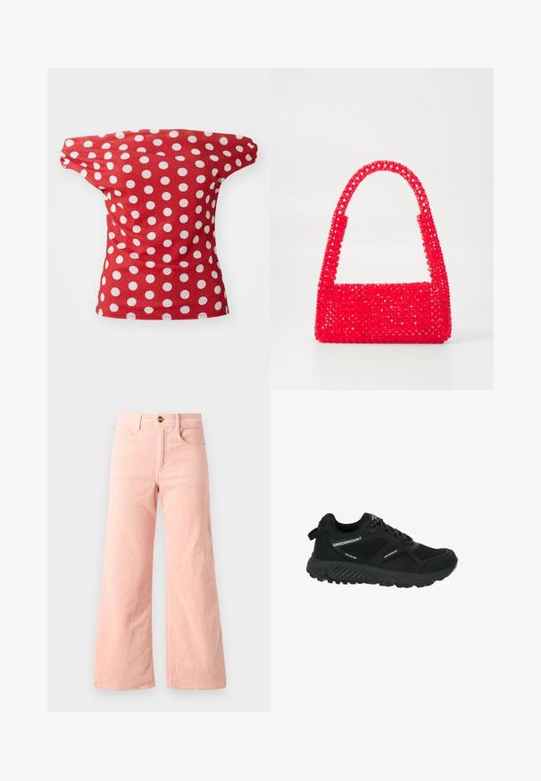 Rode top met korte mouwen en een off-the-shoulder ontwerp, met witte stippen. Gemaakt van gladde stof met een getailleerde vorm.; Rode corduroy wijde pijpen broek met een geribbelde textuur, voorzien van twee voorkeuzes en een metalen knoopsluiting.; Zwarte waterdichte wandelschoen met gaaspanelen, textuurzool, ronde neus en reflecterende veters. Voorzien van een logo en een trekband op de hiel.; Rode handtas van kunststof met kralen, met een vierkante basis en een gebogen handvat. Het oppervlak heeft een gestructureerde, glanzende afwerking met een patroon van kralen.