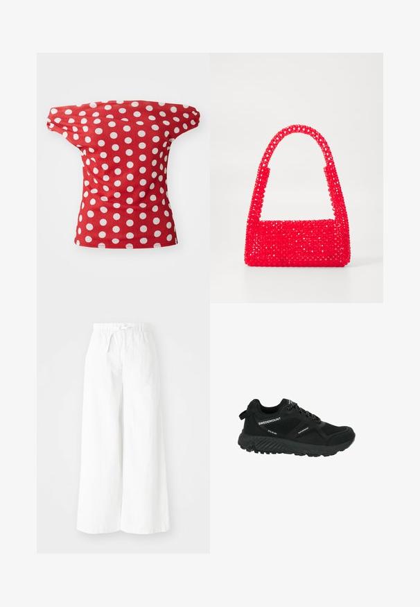 Rode top met korte mouwen en een off-the-shoulder ontwerp, met witte stippen. Gemaakt van gladde stof met een getailleerde vorm.; Witte wijde broek met een elastische tailleband, voorzien van een strikdetail aan de voorkant. Gemaakt van lichte stof, geschikt voor vrijetijdskleding.; Zwarte waterdichte wandelschoen met gaaspanelen, textuurzool, ronde neus en reflecterende veters. Voorzien van een logo en een trekband op de hiel.; Rode handtas van kunststof met kralen, met een vierkante basis en een gebogen handvat. Het oppervlak heeft een gestructureerde, glanzende afwerking met een patroon van kralen.