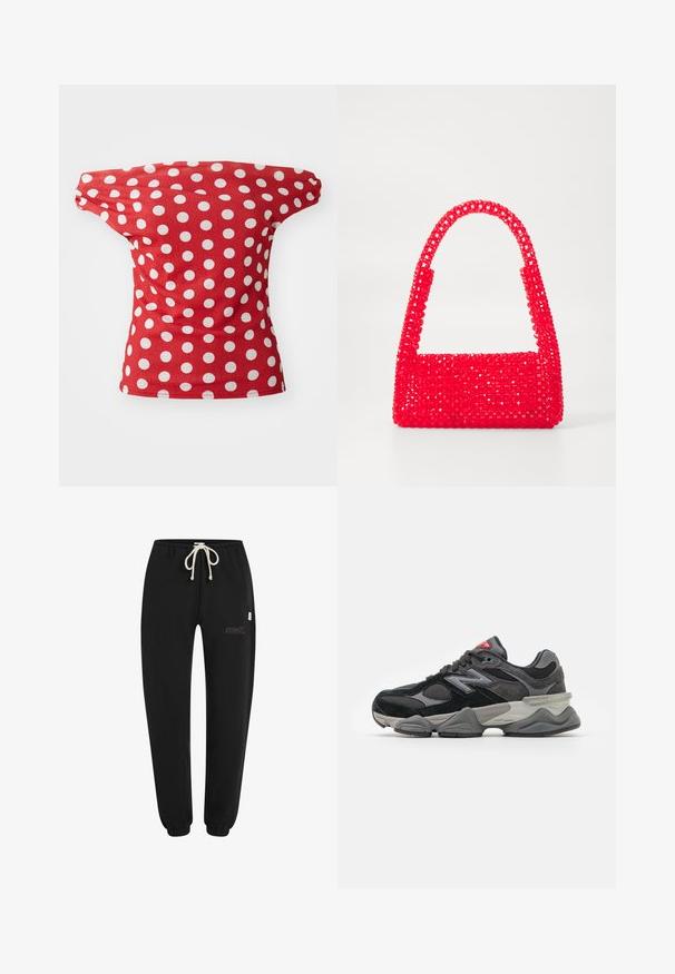 Rotes kurzärmeliges Oberteil mit einem schulterfreien Design, das weiße Punkte aufweist. Hergestellt aus glattem Stoff mit figurschmeichelnder Passform.; Schwarze Jogginghose aus weichem Stoff, mit einem elastischen Bund und Kordelzug, elastischen Bündchen und einem kleinen gestickten Logodetail.; Schwarzer und grauer Sneaker mit einer Kombination aus Wildleder und Mesh-Materialien, dicker Sohle, ausgeprägtem Logo und roten Akzenten an der Zunge.; Rote Handtasche aus Perlenkunststoff, mit einem quadratischen Boden und einem gebogenen Griff. Die Oberfläche hat ein strukturiertes, glattes Finish mit einem Muster aus Perlen.