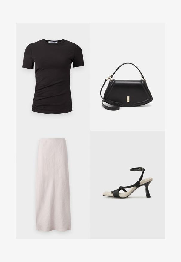 Sort t-shirt med korte ærmer lavet af blødt stof, med rund hals og samlede detaljer på venstre side for en subtil tekstur.; Lys pink maxi nederdel i linned med et rent, lige design. Stoffet har en let struktureret overflade og en elastisk talje.; Sorte hælede sandal med flettet remdesign, firkantet tå og justerbar ankelrem. Lys beige fodseng med en blank sort hæl.; Sort læderhåndtaske med en struktureret design, der har en kortet form, tophåndtag og guld hardware-accenter. Justerbar skulderrem inkluderet.